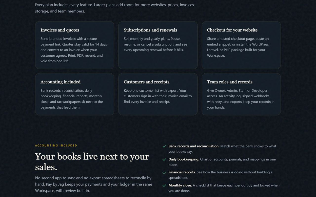 Pay by Jag features and accounting tools shown on the Pay by Jag website