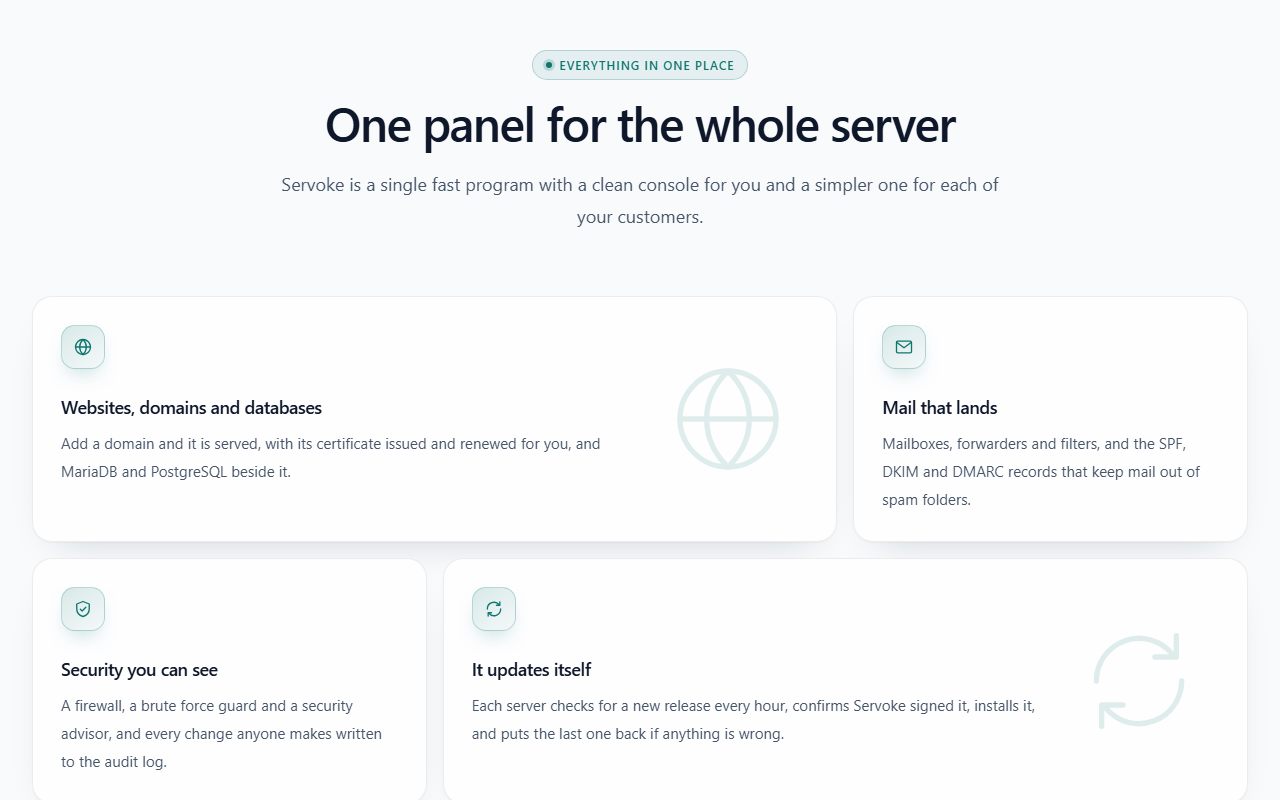 The features of Servoke on the Servoke website