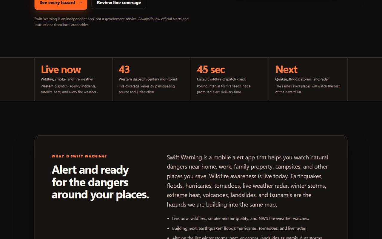 Swift Warning features shown on the Swift Warning website