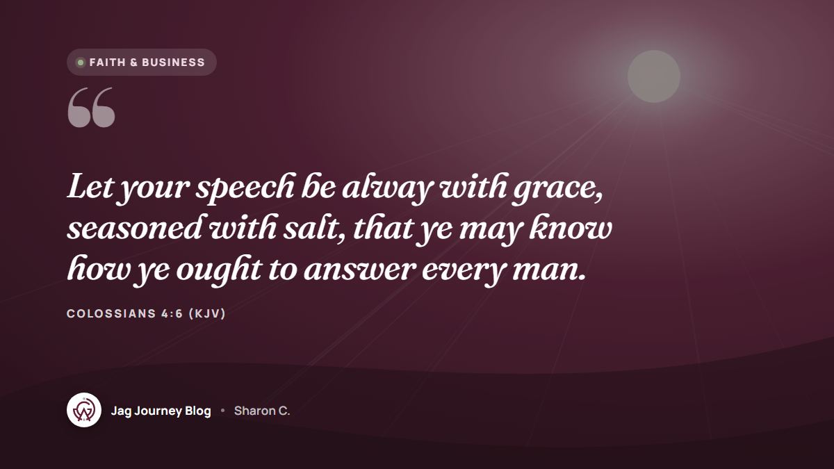 Quote card: Let your speech be alway with grace, seasoned with salt, that ye may know how ye ought to answer every man. (Colossians 4:6 (KJV))