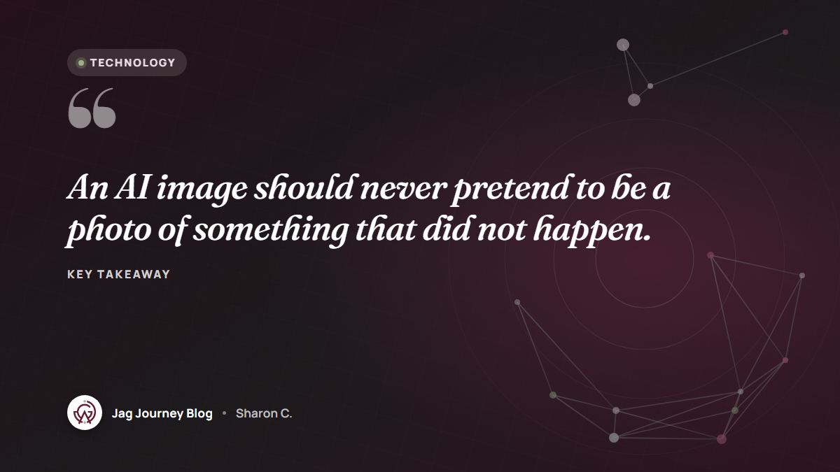 Quote card: An AI image should never pretend to be a photo of something that did not happen.