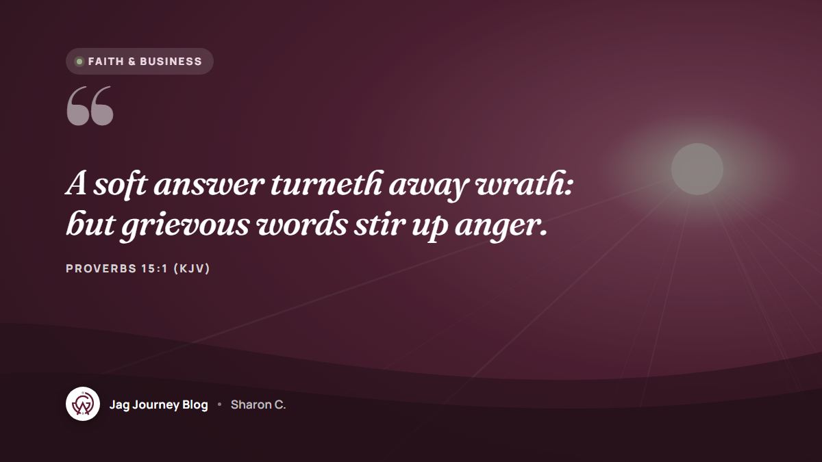 Quote card: A soft answer turneth away wrath: but grievous words stir up anger. (Proverbs 15:1 (KJV))
