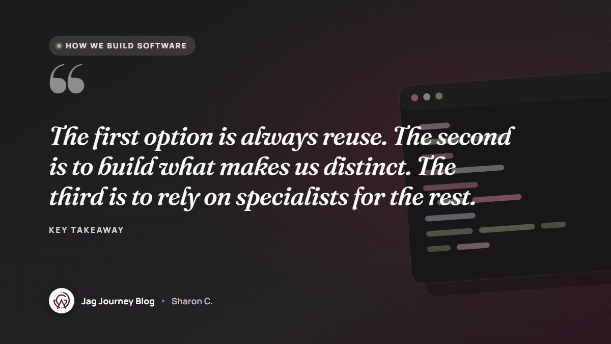 Quote card: The first option is always reuse. The second is to build what makes us distinct. The third is to rely on specialists for the rest.