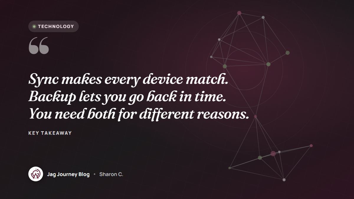 Quote card: Sync makes every device match. Backup lets you go back in time. You need both for different reasons.