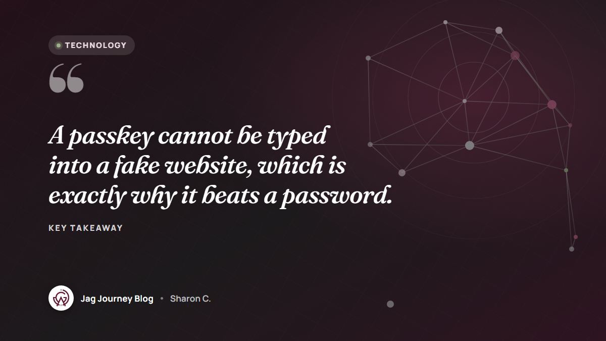 Quote card: A passkey cannot be typed into a fake website, which is exactly why it beats a password.
