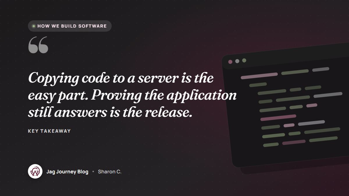 Quote card: Copying code to a server is the easy part. Proving the application still answers is the release.