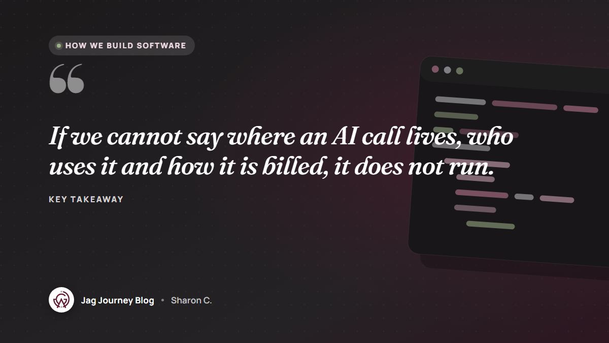 Quote card: If we cannot say where an AI call lives, who uses it and how it is billed, it does not run.