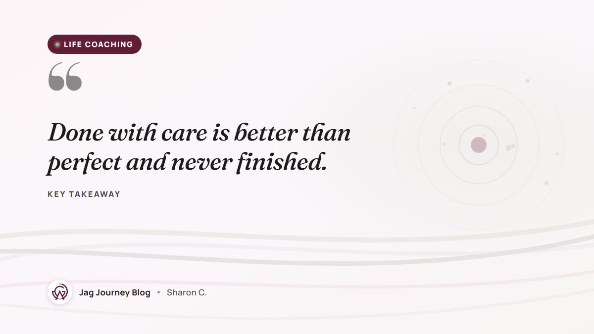 Quote card: Done with care is better than perfect and never finished.
