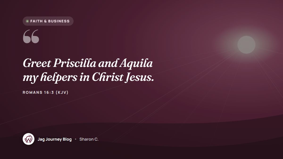Quote card: Greet Priscilla and Aquila my helpers in Christ Jesus. (Romans 16:3 (KJV))