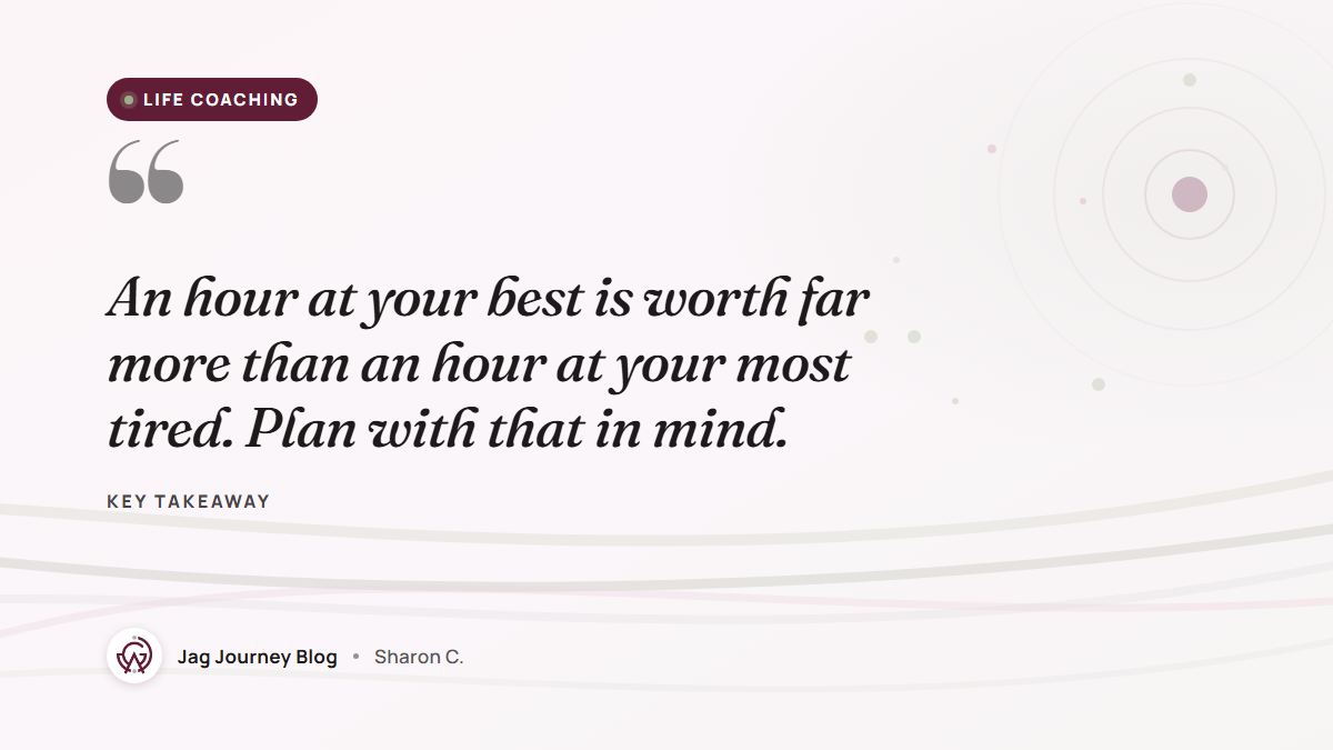 Quote card: An hour at your best is worth far more than an hour at your most tired. Plan with that in mind.