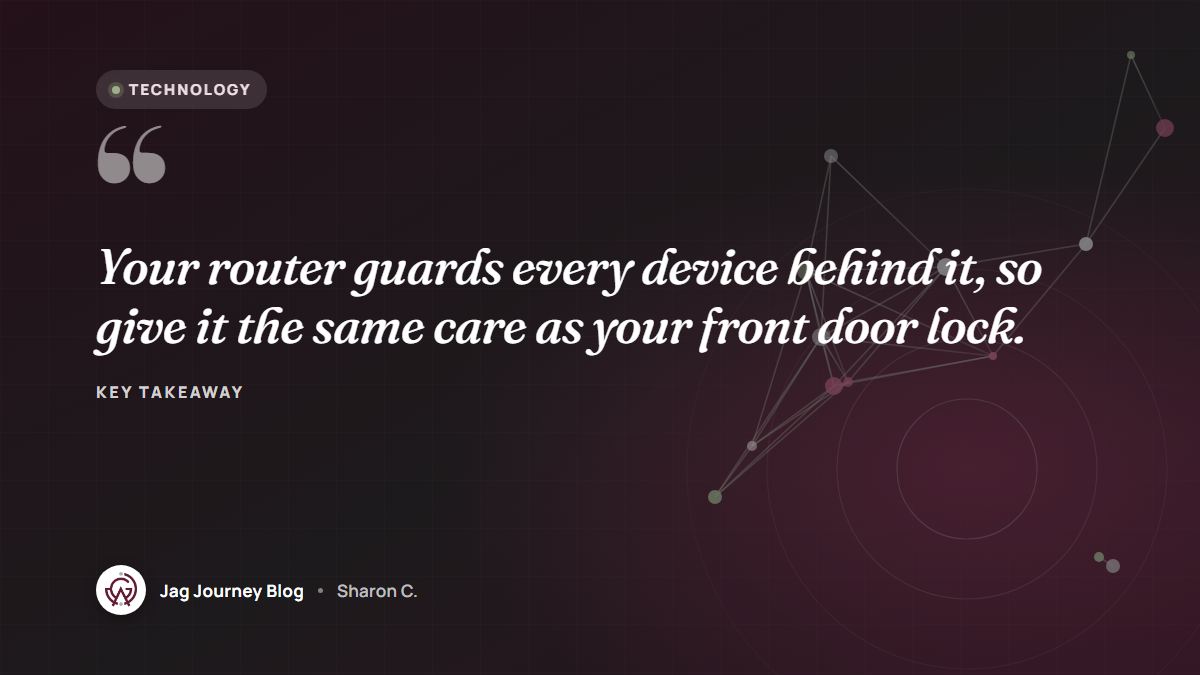 Quote card: Your router guards every device behind it, so give it the same care as your front door lock.
