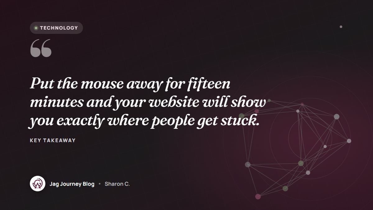 Quote card: Put the mouse away for fifteen minutes and your website will show you exactly where people get stuck.