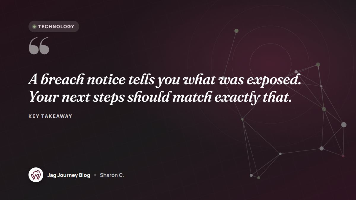 Quote card: A breach notice tells you what was exposed. Your next steps should match exactly that.