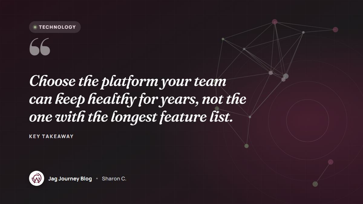 Quote card: Choose the platform your team can keep healthy for years, not the one with the longest feature list.