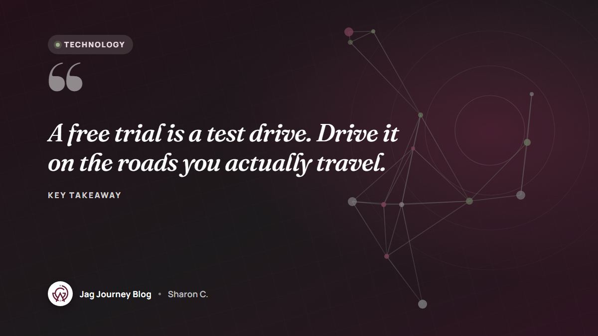 Quote card: A free trial is a test drive. Drive it on the roads you actually travel.
