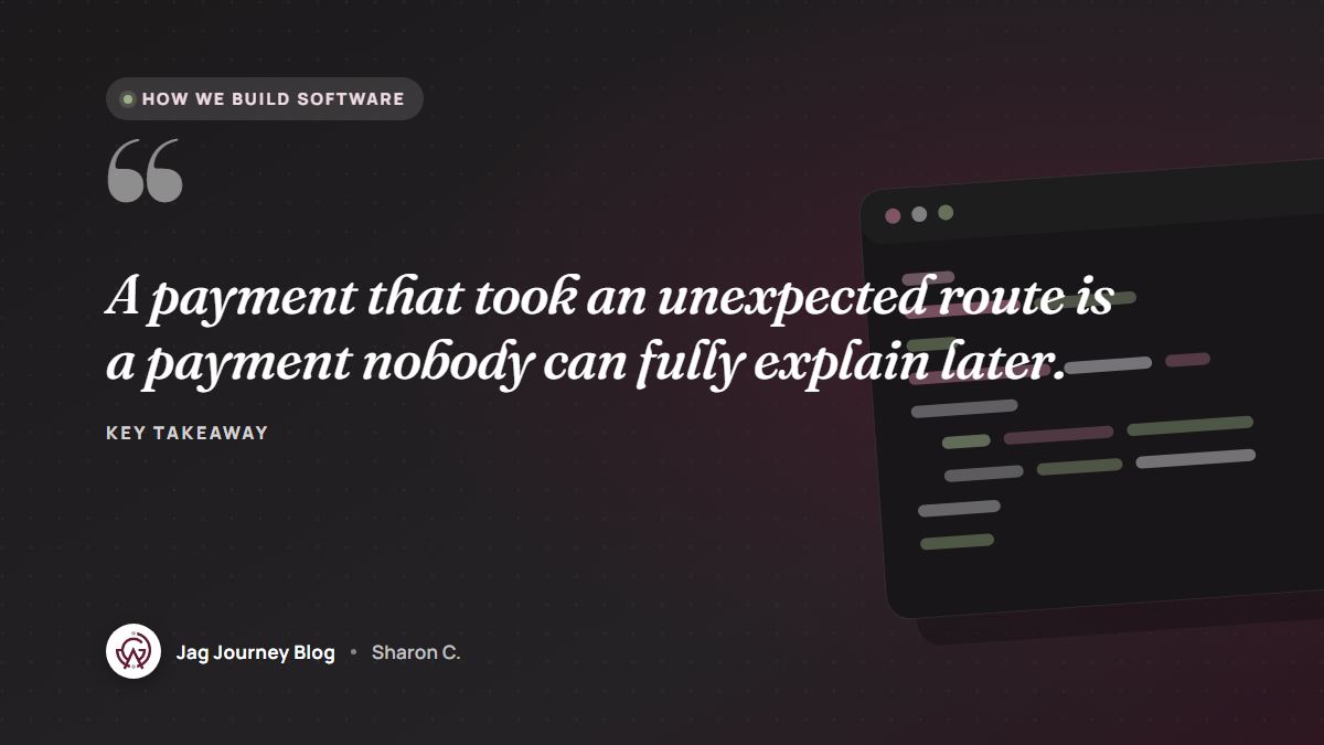 Quote card: A payment that took an unexpected route is a payment nobody can fully explain later.
