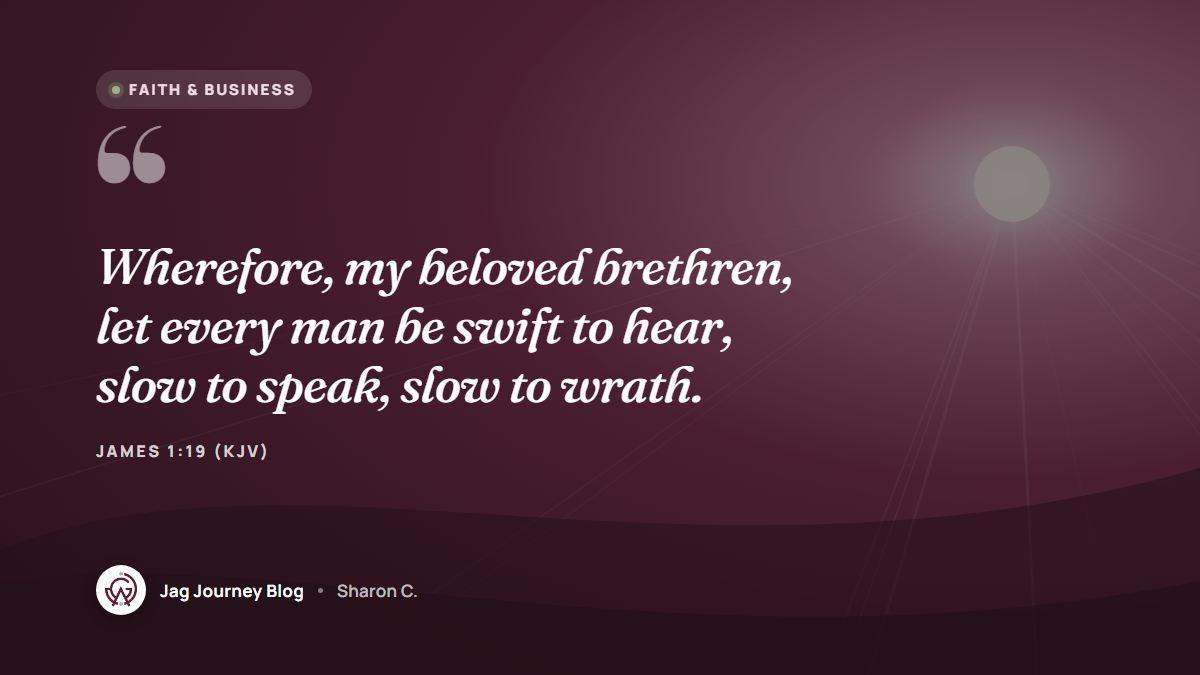 Quote card: Wherefore, my beloved brethren, let every man be swift to hear, slow to speak, slow to wrath. (James 1:19 (KJV))