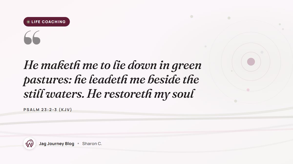 Quote card: He maketh me to lie down in green pastures: he leadeth me beside the still waters. He restoreth my soul (Psalm 23:2-3 (KJV))