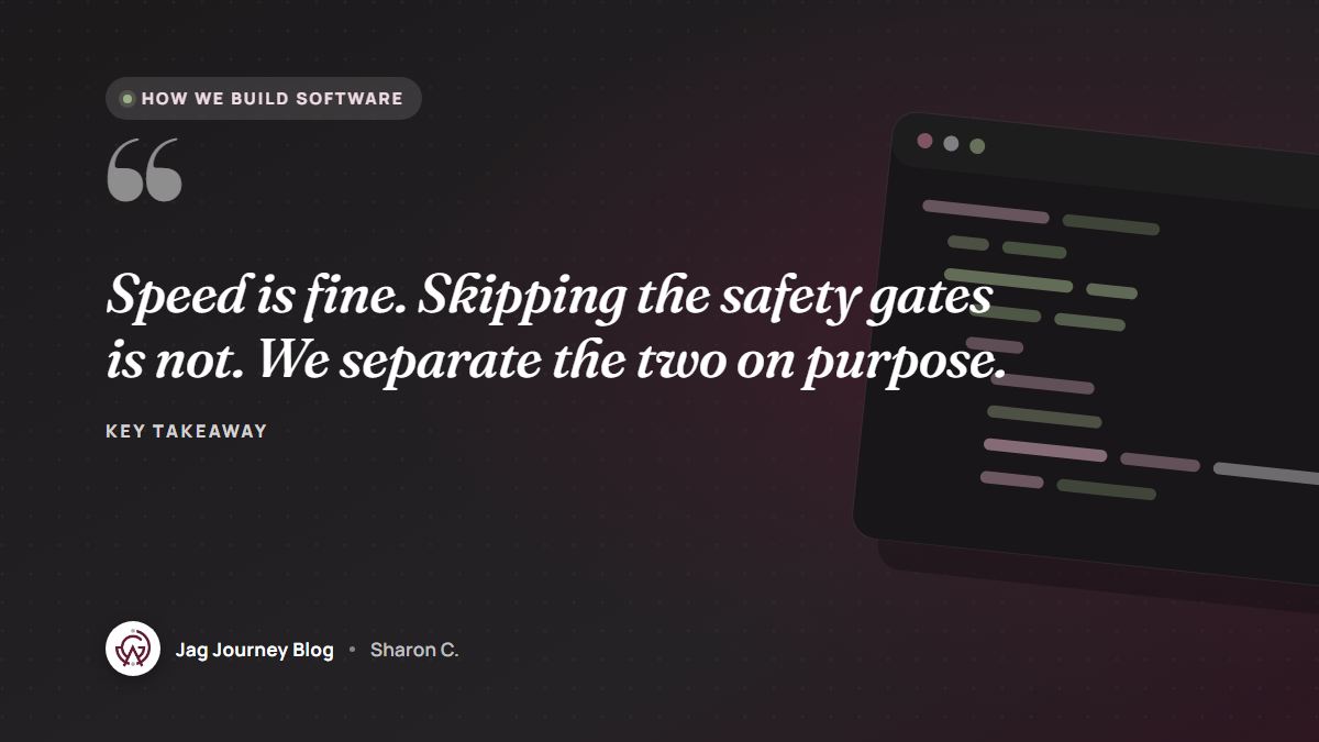 Quote card: Speed is fine. Skipping the safety gates is not. We separate the two on purpose.