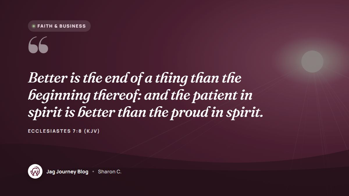 Quote card: Better is the end of a thing than the beginning thereof: and the patient in spirit is better than the proud in spirit. (Ecclesiastes 7:8 (KJV))