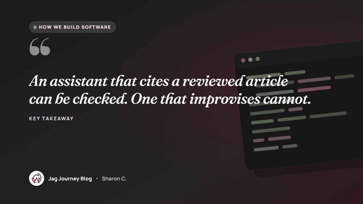 Quote card: An assistant that cites a reviewed article can be checked. One that improvises cannot.