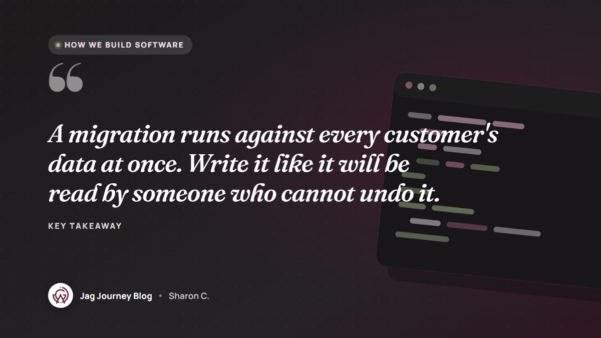 Quote card: A migration runs against every customer's data at once. Write it like it will be read by someone who cannot undo it.