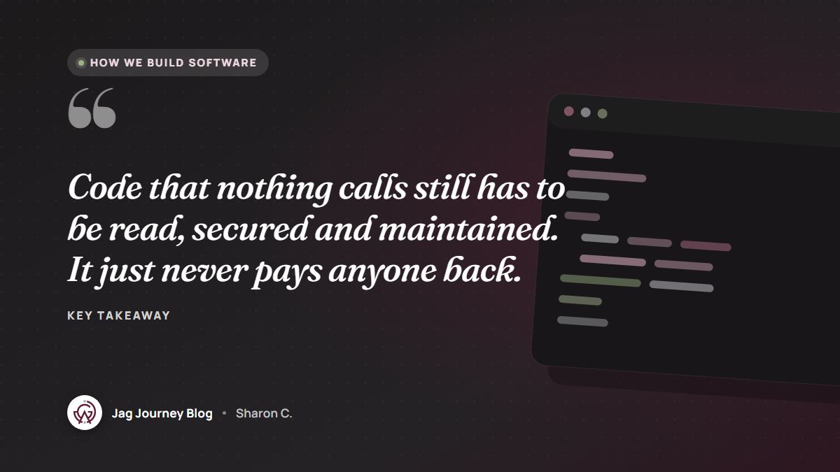 Quote card: Code that nothing calls still has to be read, secured and maintained. It just never pays anyone back.