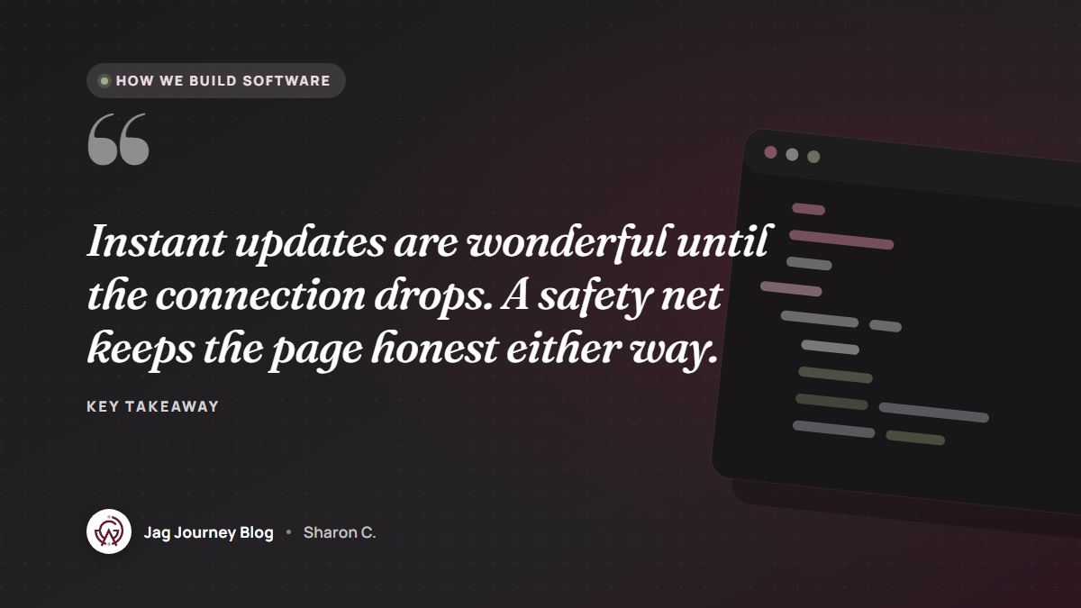 Quote card: Instant updates are wonderful until the connection drops. A safety net keeps the page honest either way.