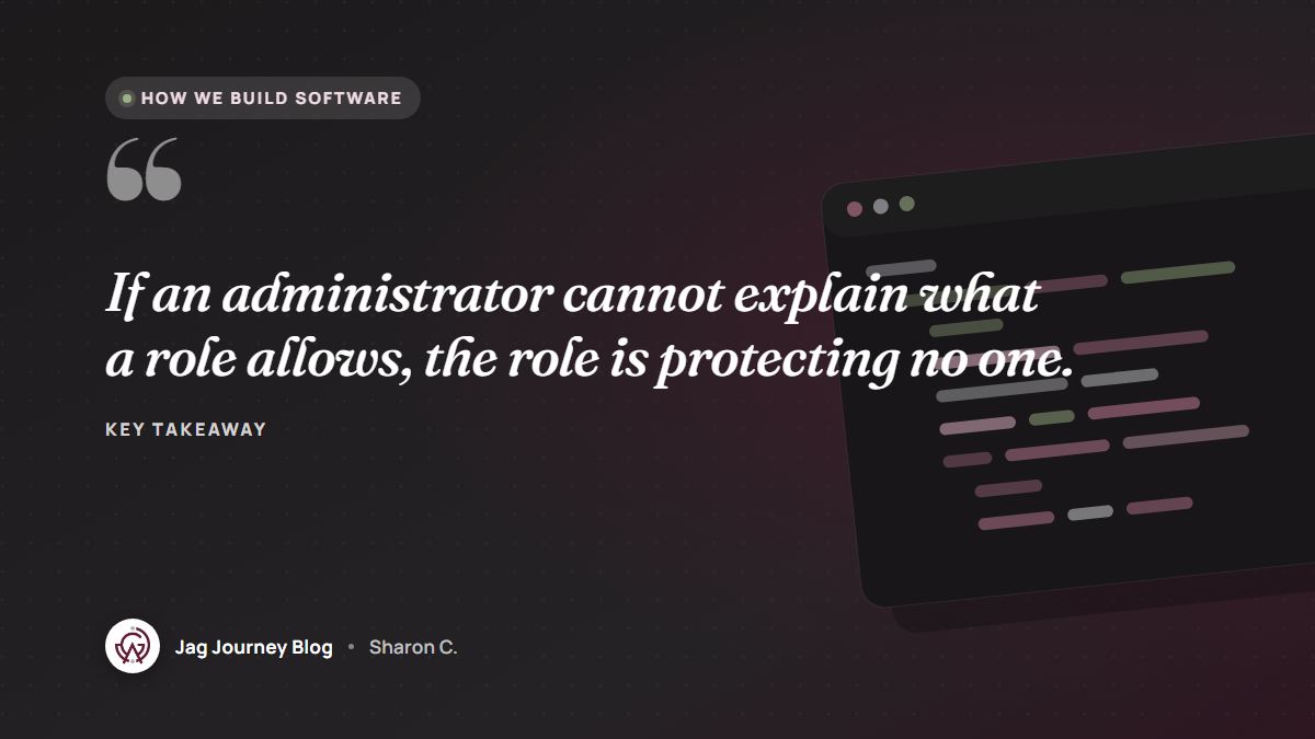 Quote card: If an administrator cannot explain what a role allows, the role is protecting no one.