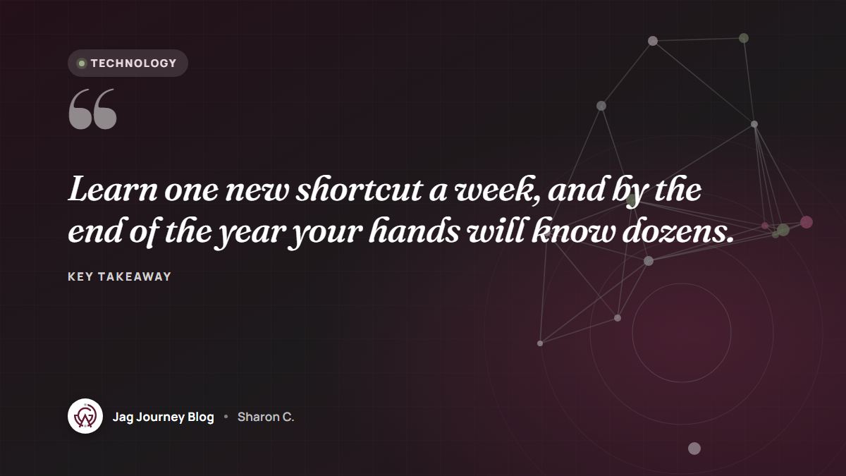Quote card: Learn one new shortcut a week, and by the end of the year your hands will know dozens.