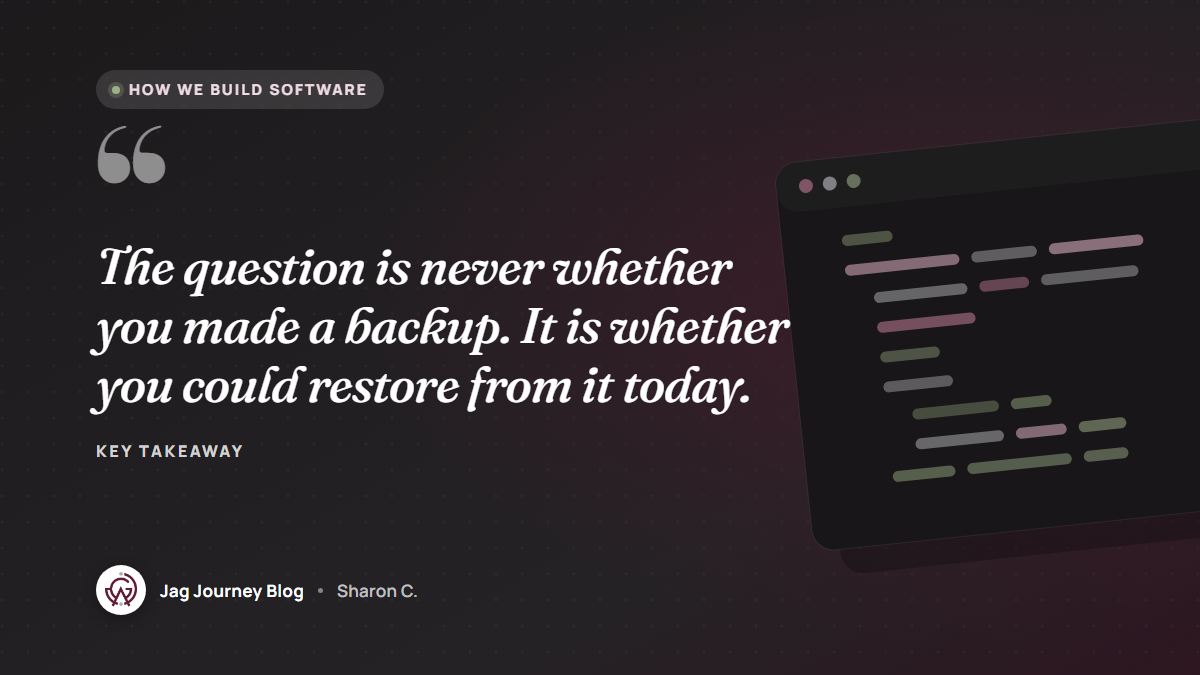 Quote card: The question is never whether you made a backup. It is whether you could restore from it today.
