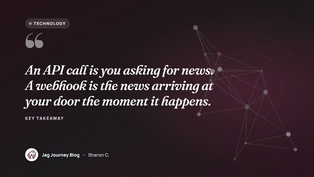 Quote card: An API call is you asking for news. A webhook is the news arriving at your door the moment it happens.