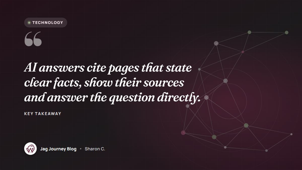 Quote card: AI answers cite pages that state clear facts, show their sources and answer the question directly.