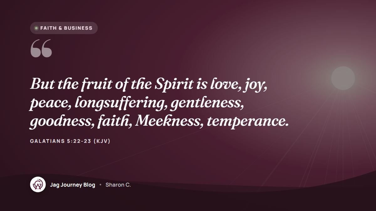 Quote card: But the fruit of the Spirit is love, joy, peace, longsuffering, gentleness, goodness, faith, Meekness, temperance. (Galatians 5:22-23 (KJV))