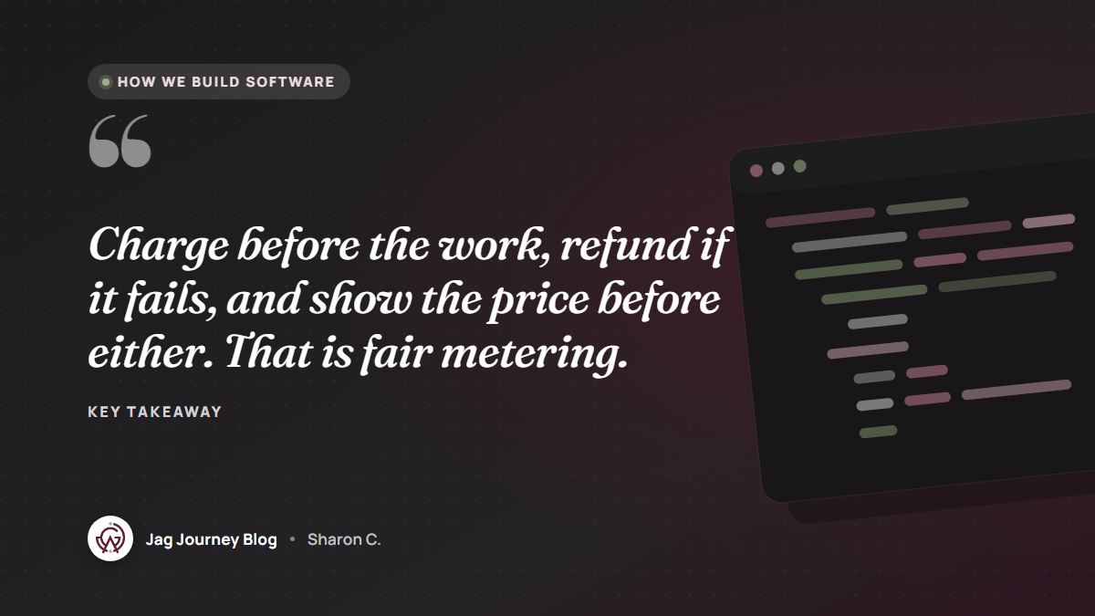 Quote card: Charge before the work, refund if it fails, and show the price before either. That is fair metering.
