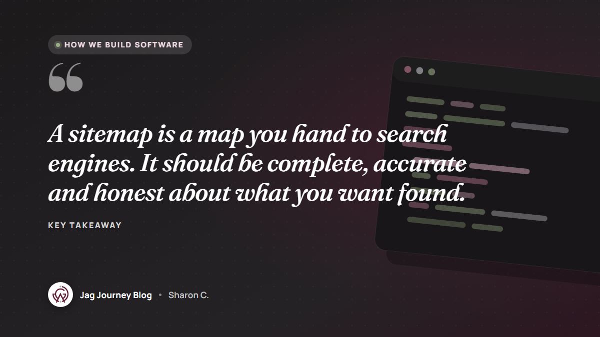 Quote card: A sitemap is a map you hand to search engines. It should be complete, accurate and honest about what you want found.