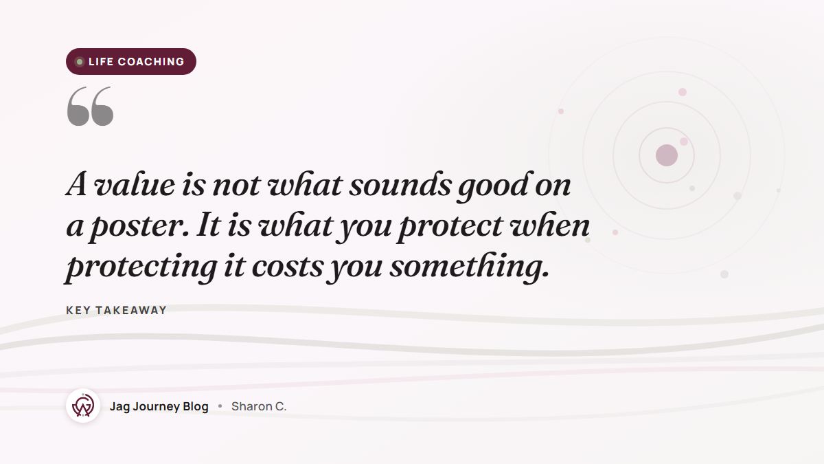 Quote card: A value is not what sounds good on a poster. It is what you protect when protecting it costs you something.