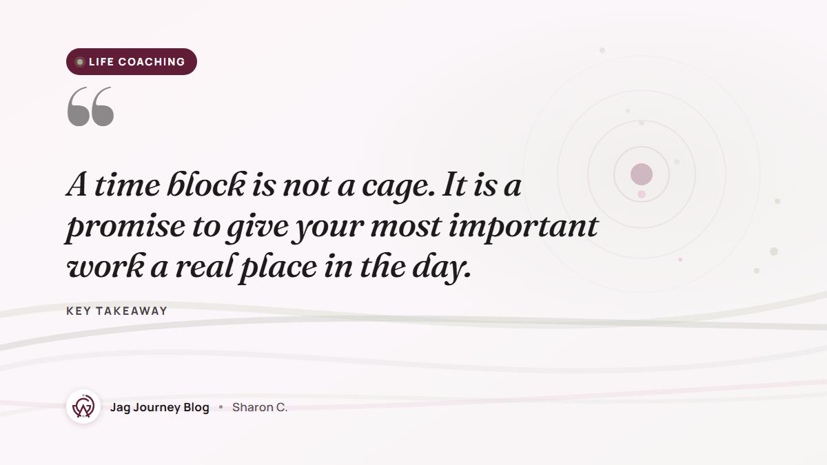 Quote card: A time block is not a cage. It is a promise to give your most important work a real place in the day.