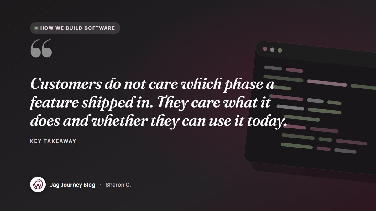 Quote card: Customers do not care which phase a feature shipped in. They care what it does and whether they can use it today.