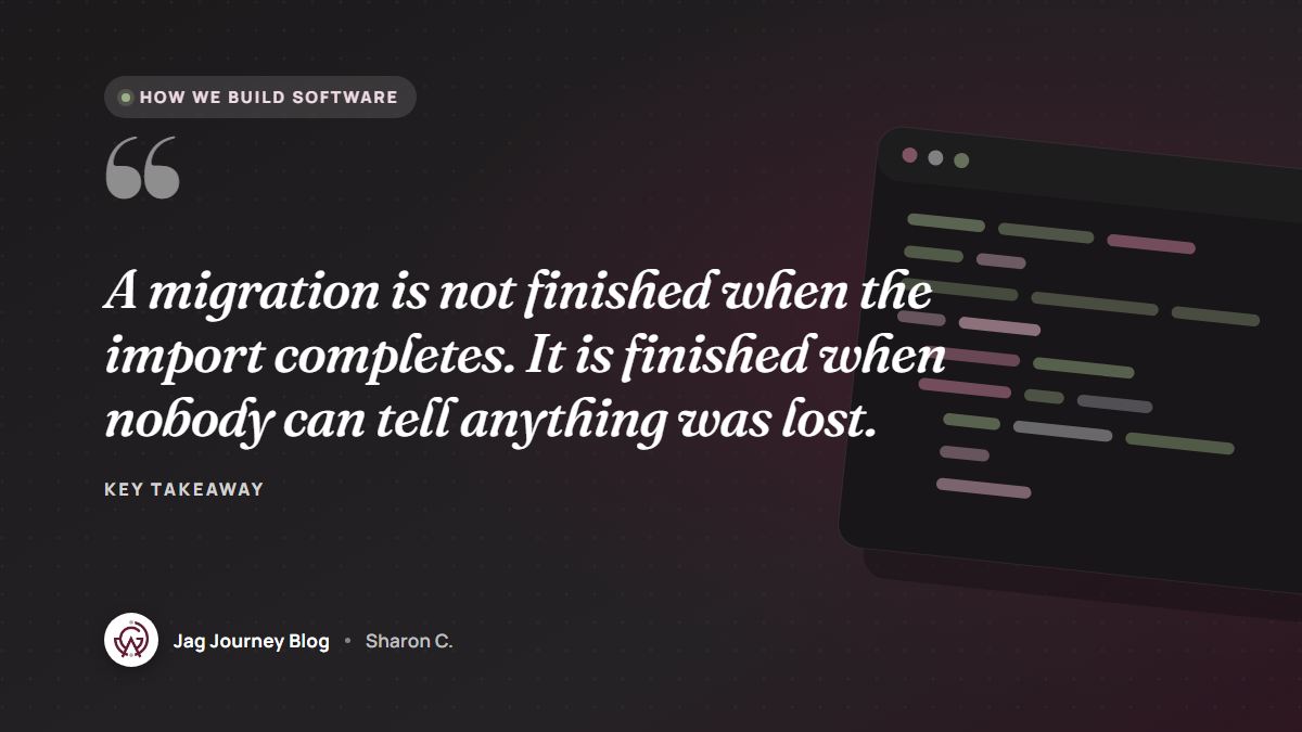Quote card: A migration is not finished when the import completes. It is finished when nobody can tell anything was lost.