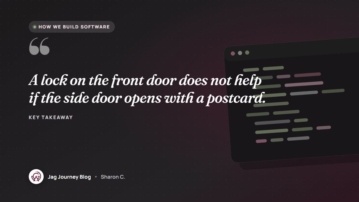 Quote card: A lock on the front door does not help if the side door opens with a postcard.
