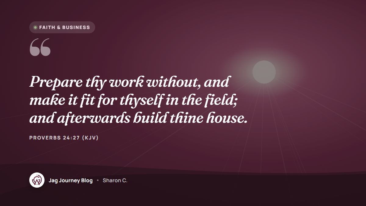 Quote card: Prepare thy work without, and make it fit for thyself in the field; and afterwards build thine house. (Proverbs 24:27 (KJV))