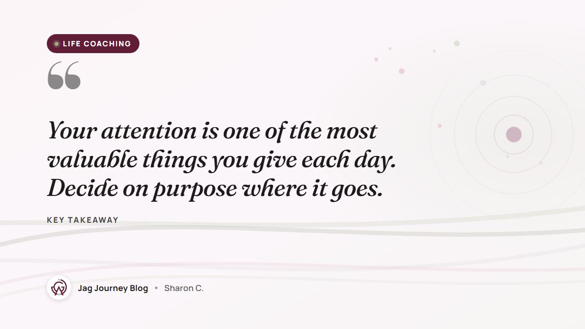 Quote card: Your attention is one of the most valuable things you give each day. Decide on purpose where it goes.