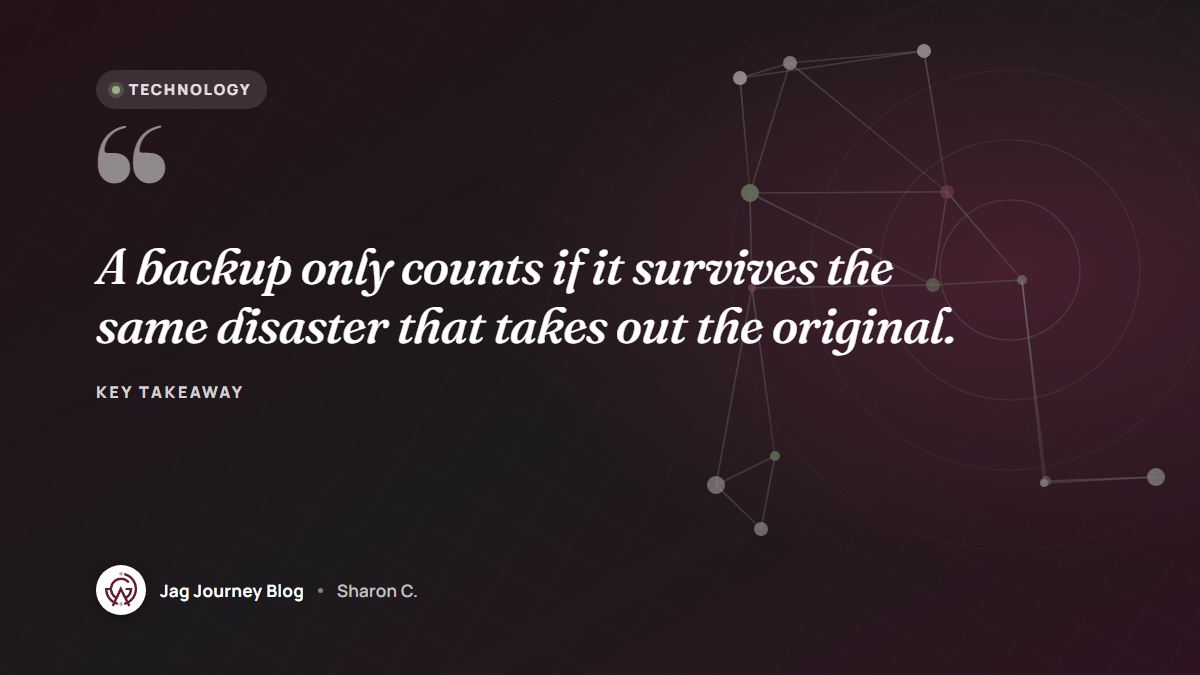 Quote card: A backup only counts if it survives the same disaster that takes out the original.