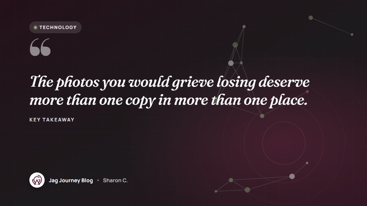 Quote card: The photos you would grieve losing deserve more than one copy in more than one place.